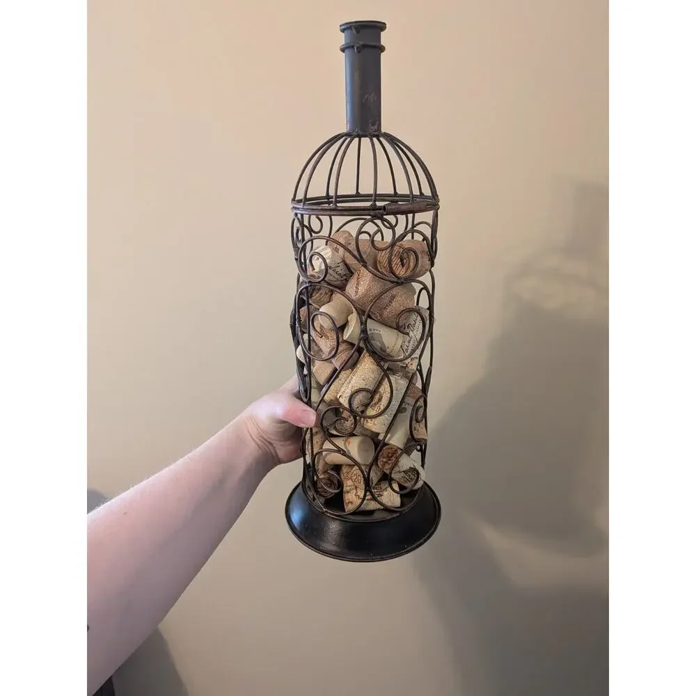 Decorative Art Cork Cage Holder Wine Bottle Shaped Bronze 15